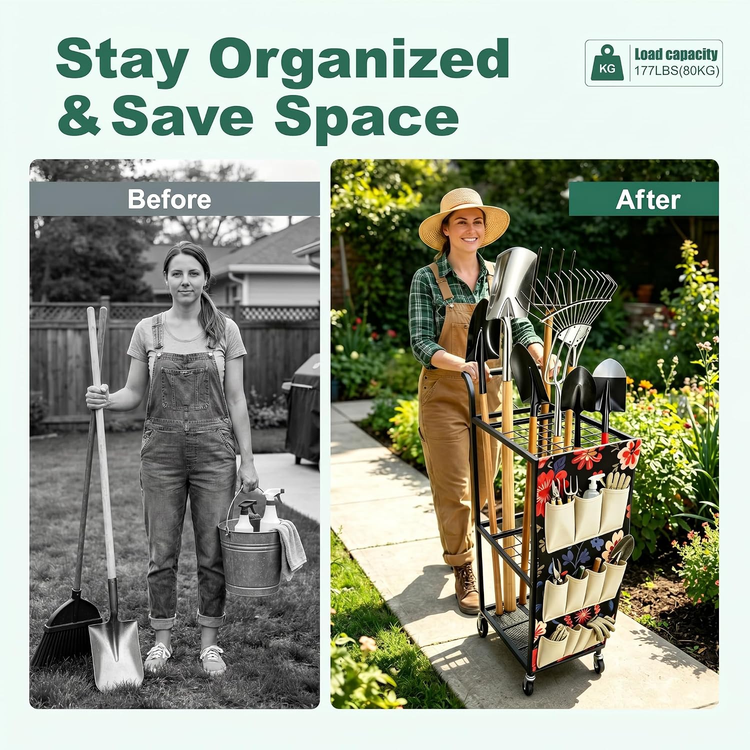 Garden Tool Organizer with Wheels 3 Tier Yard Tool Organizer Rack with Side Storage Pockets Sturdy Metal Steel Holder