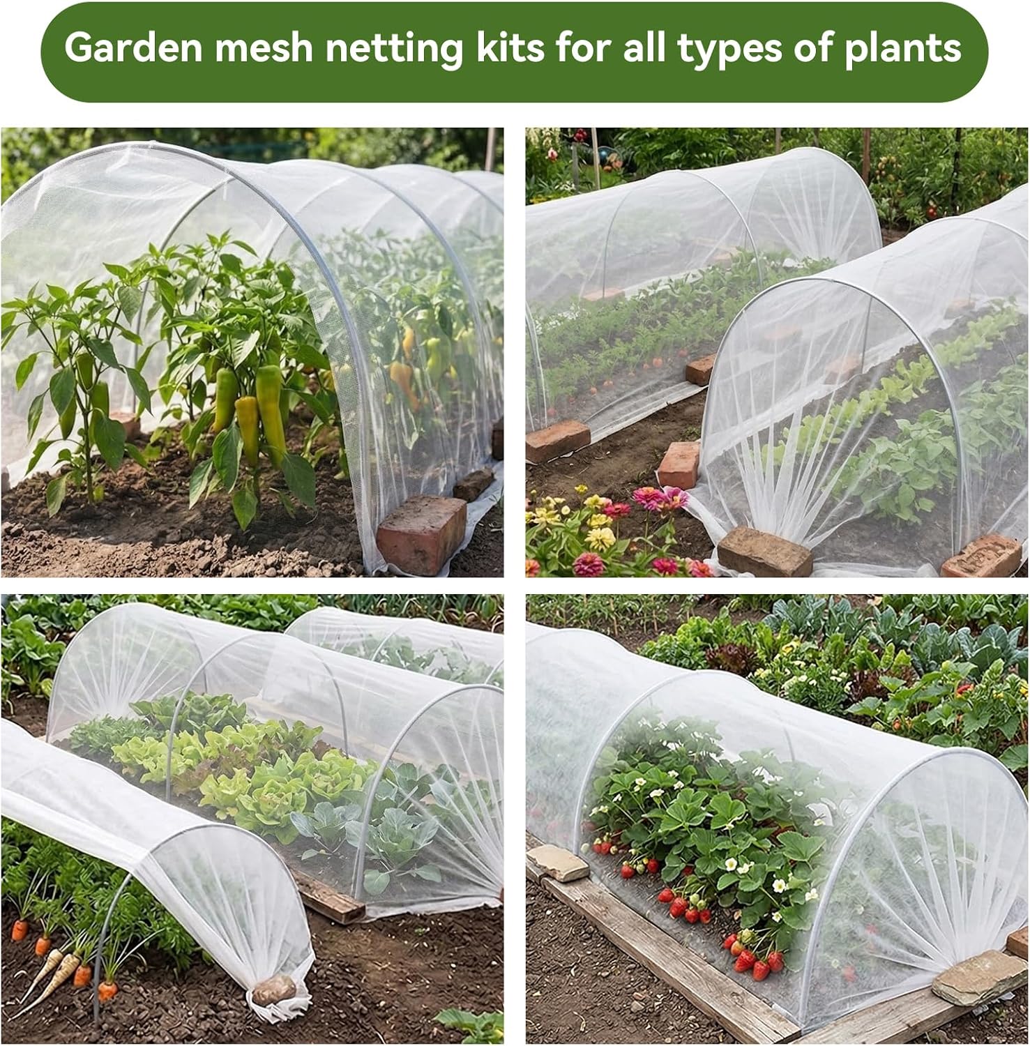 Garden Netting Kit for Raised Beds, 10x30FT Ultra Fine Mesh Netting＆ 6 Sets of 8FT Fiberglass Garden Hoops, Row Cover
