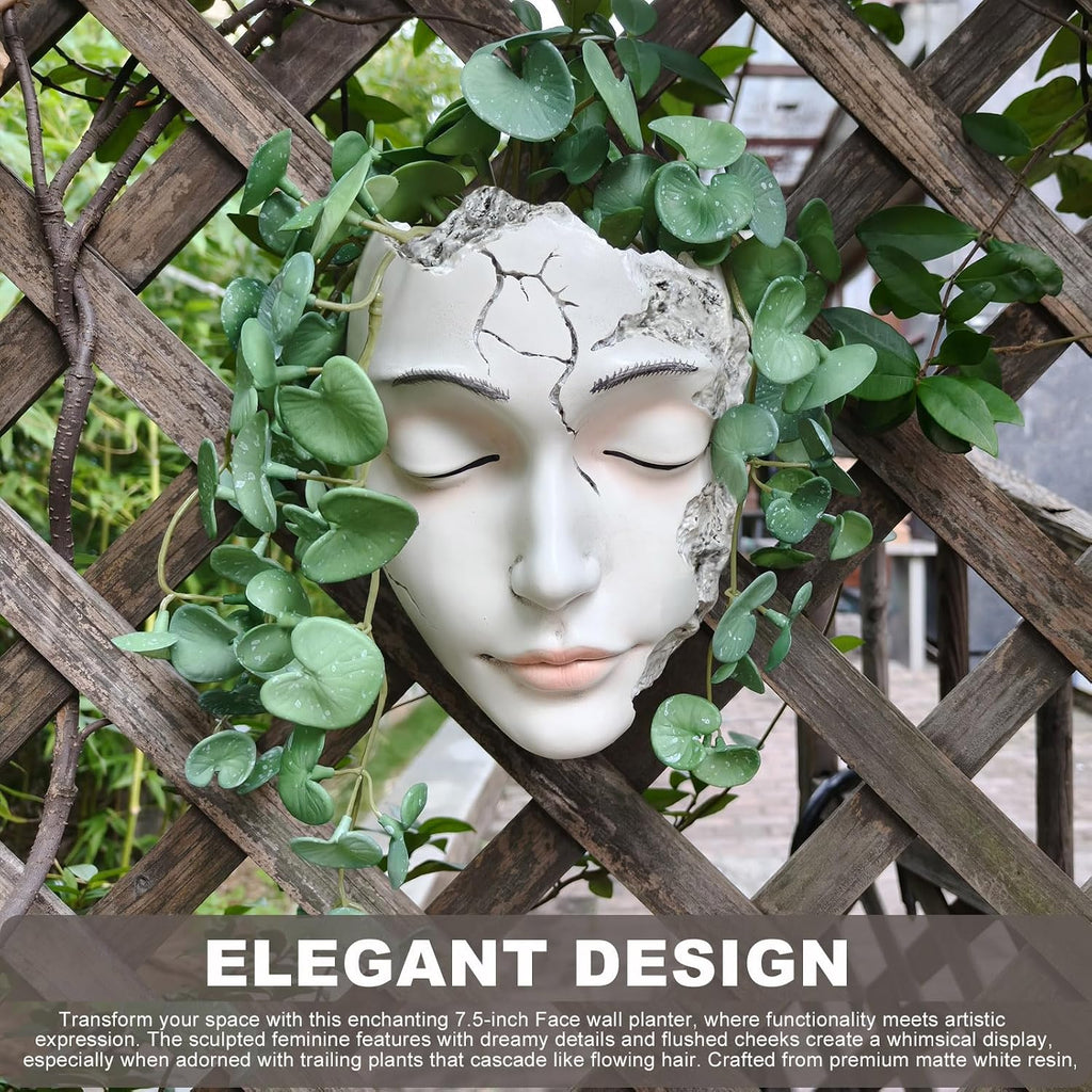 Elegant Face Wall Planter - Matte White Resin Flower Pot with Drainage Hole, 7.5" Artistic Hanging Vase for Succulents