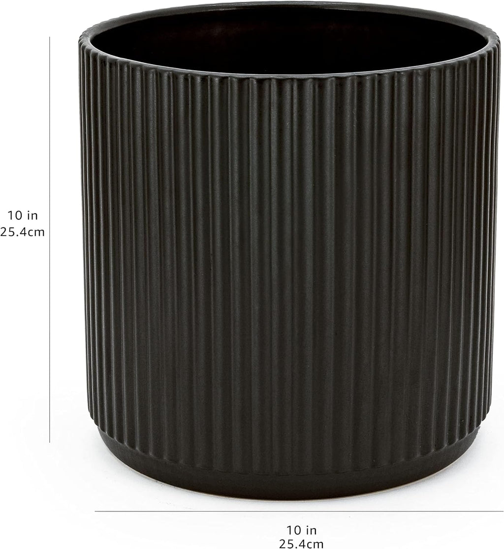 Amazon Basics Fluted Ceramic Planter Pot for Indoor Outdoor Plants, Round Flower Pot with Drainage Hole, 10-inch, Black