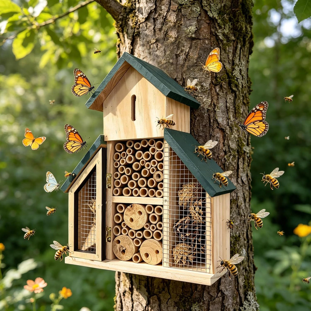 Hanging Bee House 9.5 * 3.7 * 13inch – Wooden Insect House Outdoor Solitary Bee Hive for Garden, Natural Beneficial