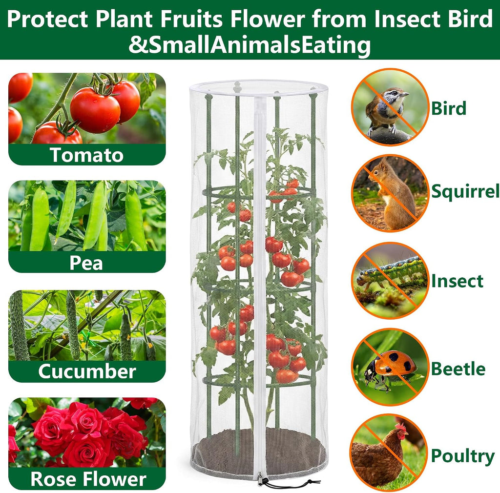 4 Pcs Garden Bird Netting Cover for Round Tomato Cage, 59" x 18" Tomato Trellis Insect Barrier Protection Mesh, Plant