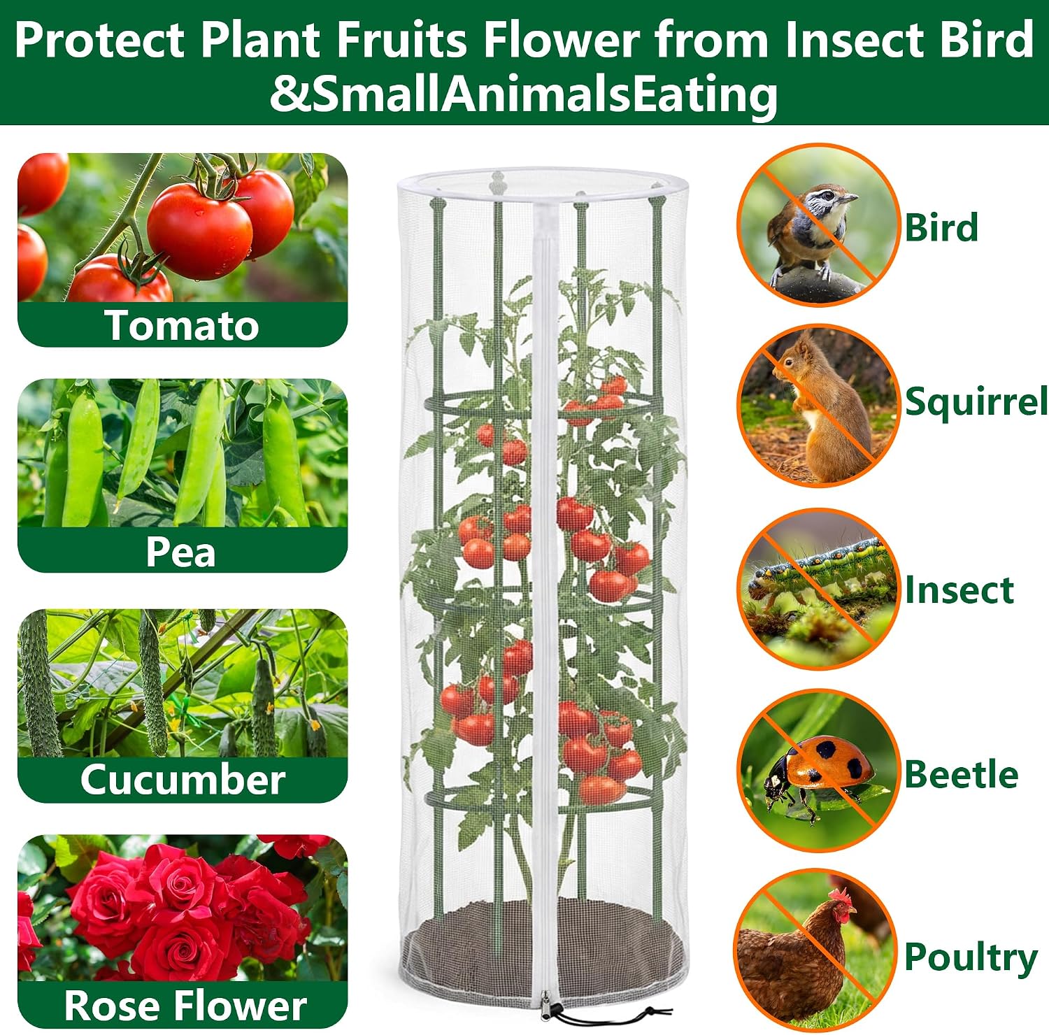 4 Pcs Garden Bird Netting Cover for Round Tomato Cage, 59" x 18" Tomato Trellis Insect Barrier Protection Mesh, Plant