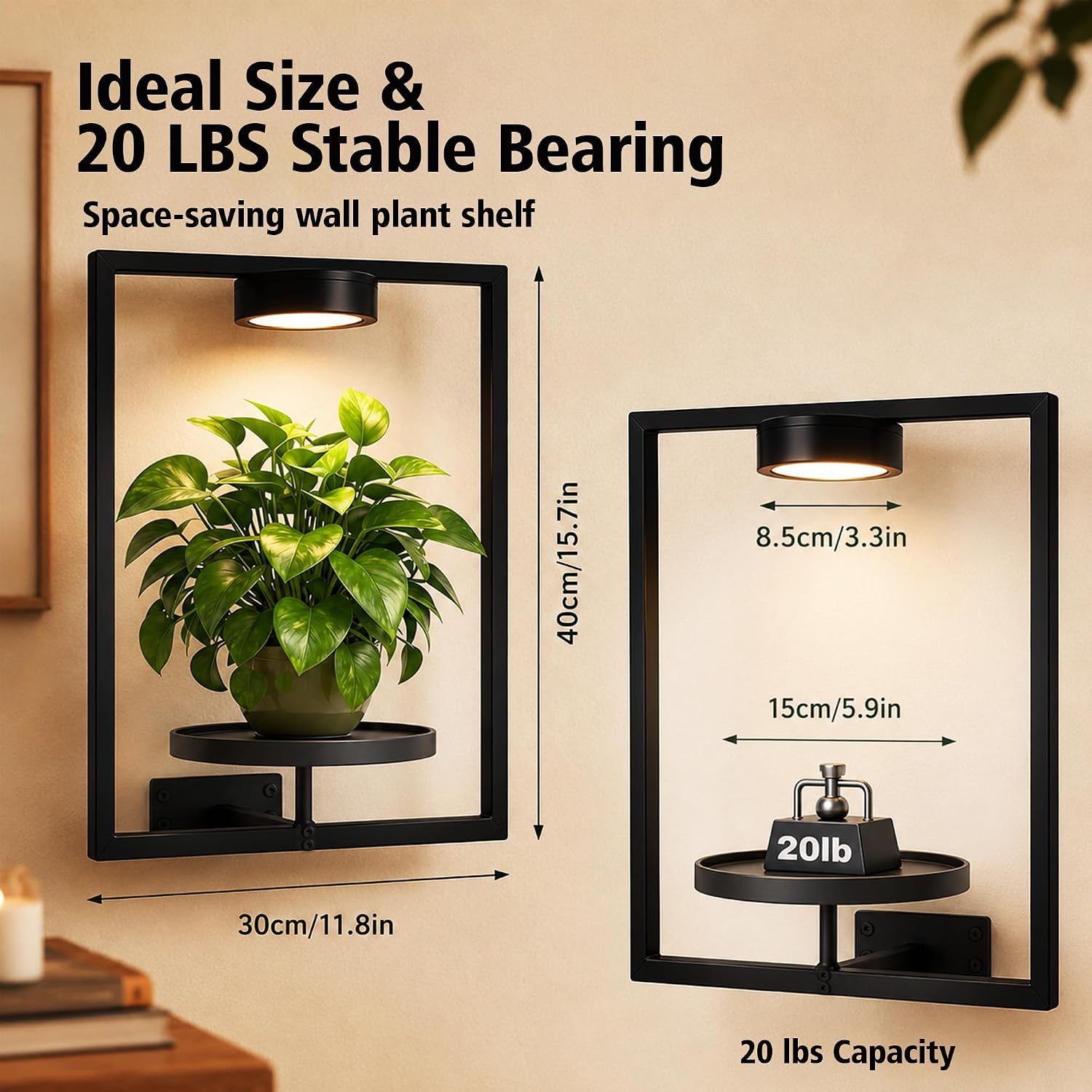 2 Pack Plant Wall Shelf with Grow Light, Wall Mounted Indoor Plant Shelf | Rechargeable Cordless Magnetic Grow Light