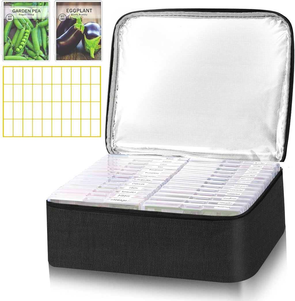 26 Slots Seed Storage Organizer Box with Insulated Bag That Holds 80-200 Seed Envelopes, Oxford Cloth Garden Seed