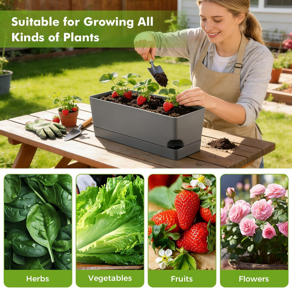2 Pack Rectangle Self Watering Pots for Indoor Plants 17 Inches Window Boxes Planters Rectangular Flower Pots Herb