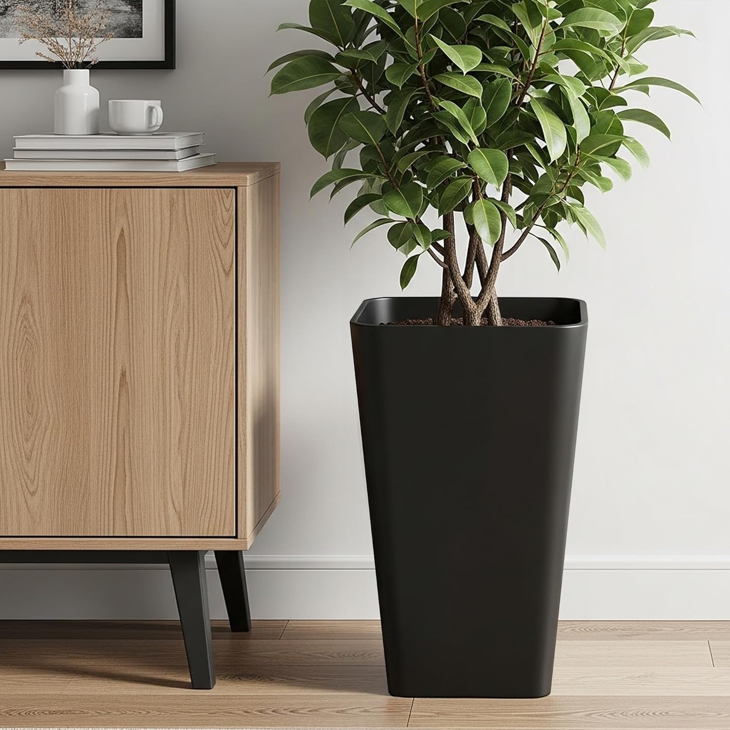 Worth Garden 20" Tall Planters Set of 2 – Large Black Tapered Plastic Flower Pots for Indoor & Outdoor Use – Modern