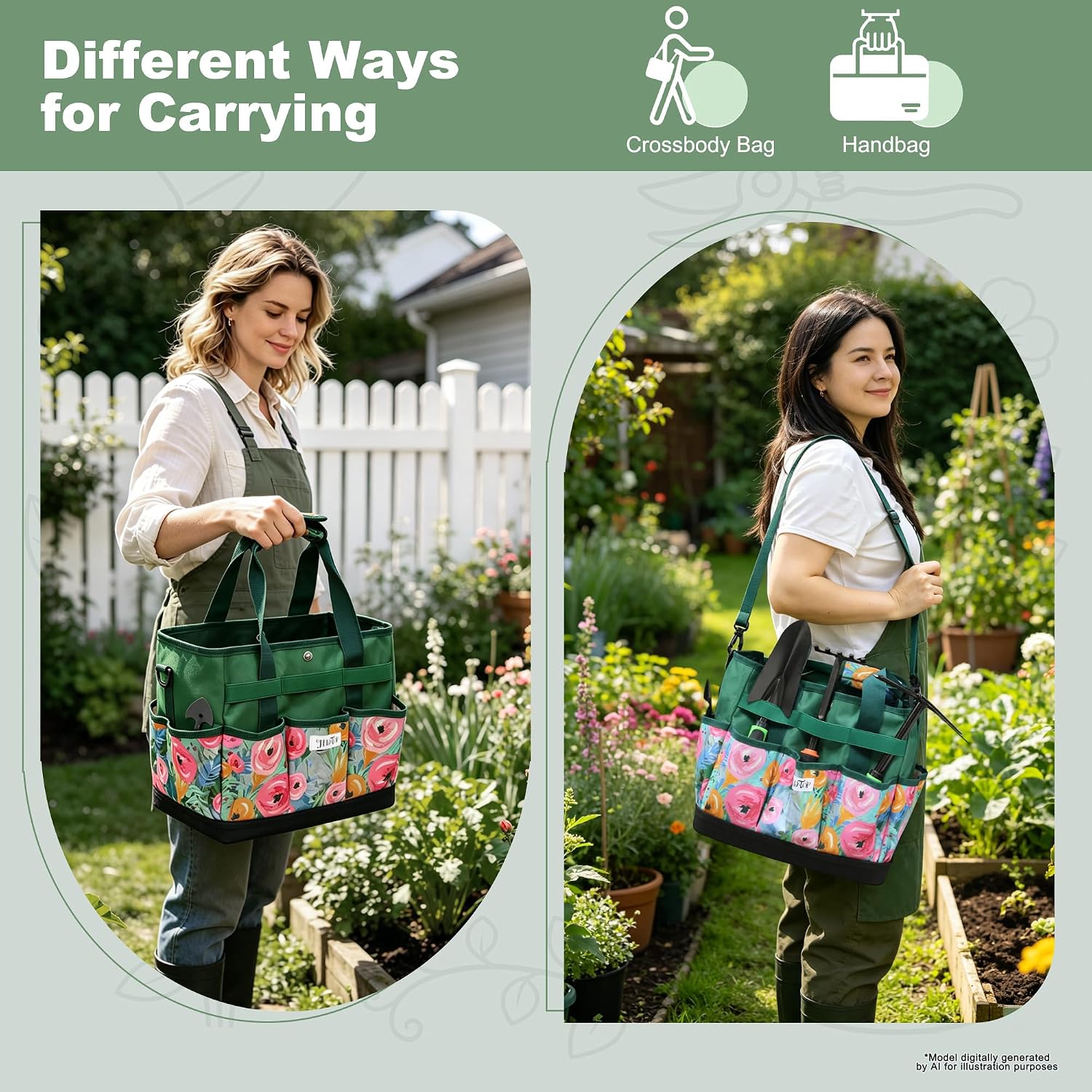 Hard Bottom Floral Garden Tool Tote Bag with Shoulder Strap | Gardening Tote Organizer with 8 pockets, Padded Handles