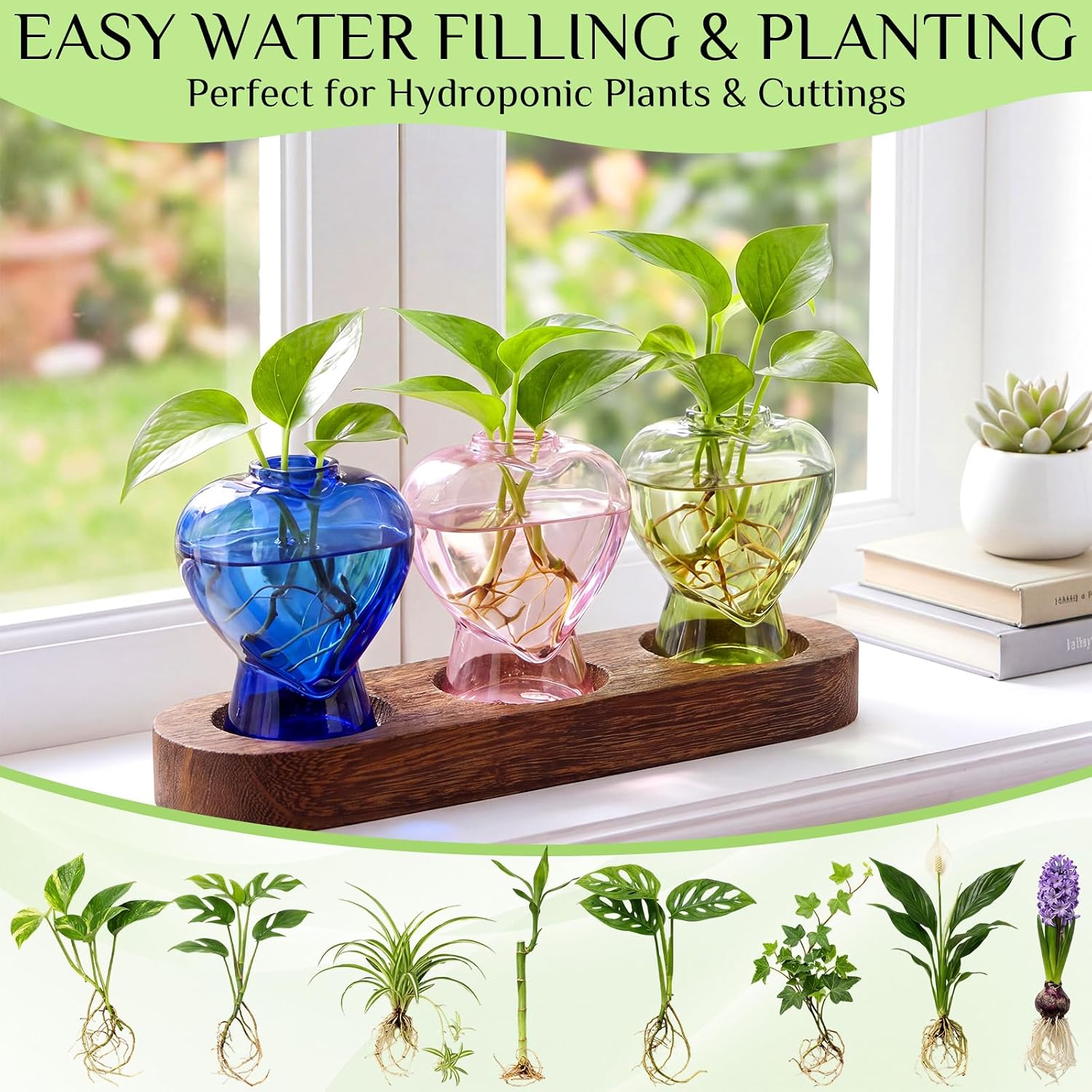 Zhehao 3 Pcs Plant Propagation Stations with Wooden Stand Heart Shaped Propagation Vases for Indoor Plants Home Office