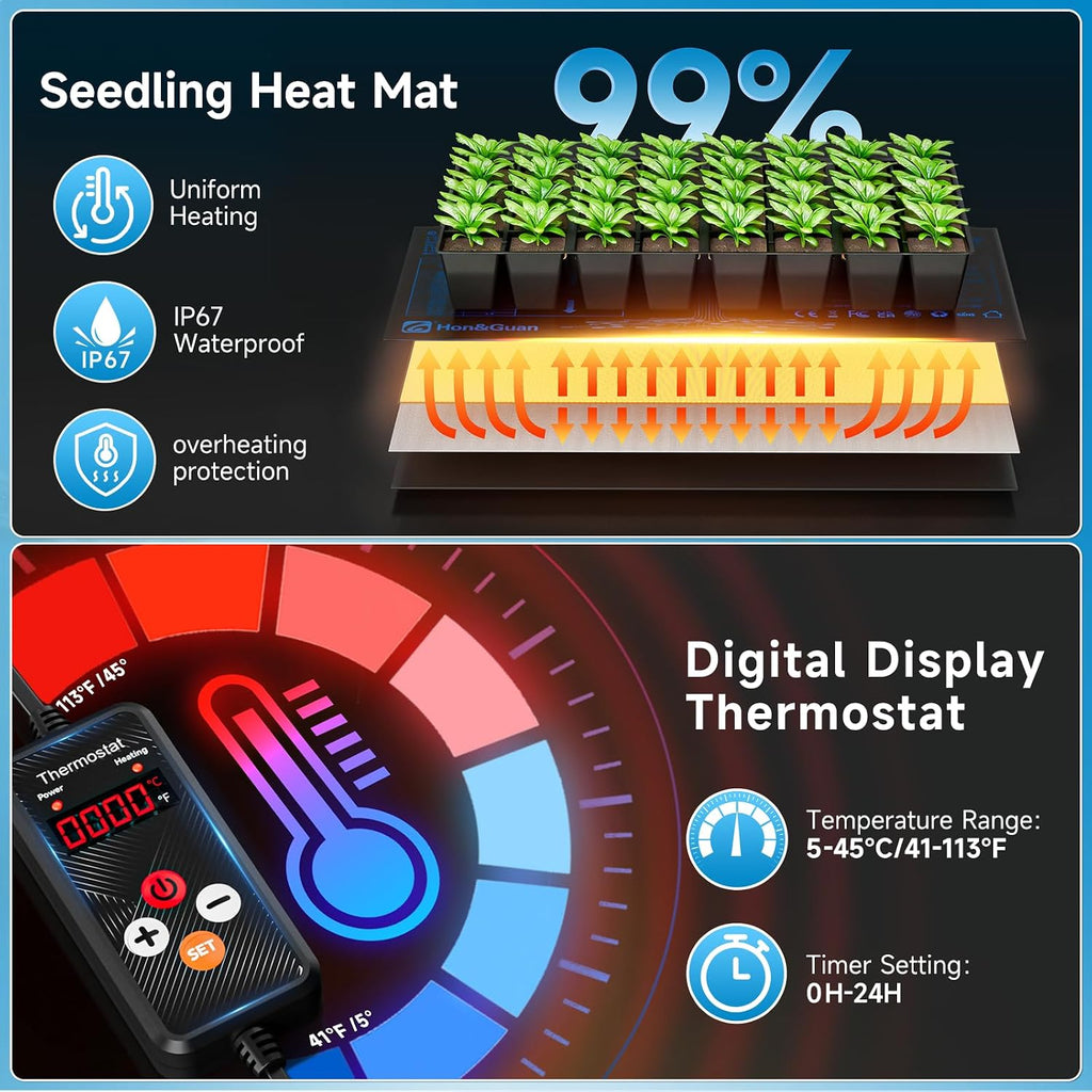 Hon&Guan 30-Cell Seed Starting Kit with Heat Mat and LED Grow Lights | 30-cell PP seedling tray, 5.3" dome with vents