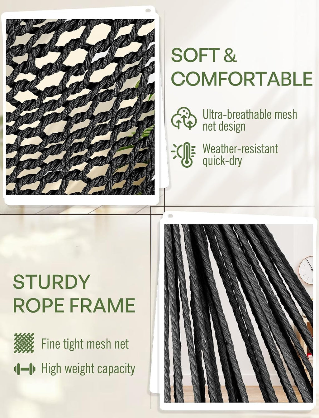Chihee Hammock Chair Handmade Woven Mesh Hanging Seat Metal Spreader Bar | Cotton Blended Rope Hanging Chair Ventilated