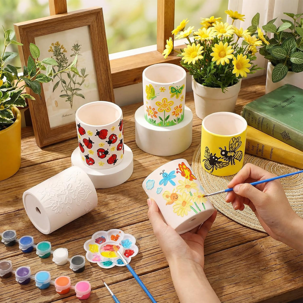 Zubebe 12 Pcs Paint Your Own Ceramic Pots Bulk Unfinished Succulent Pots Craft Kit with Drainage Hole Mini Paintable
