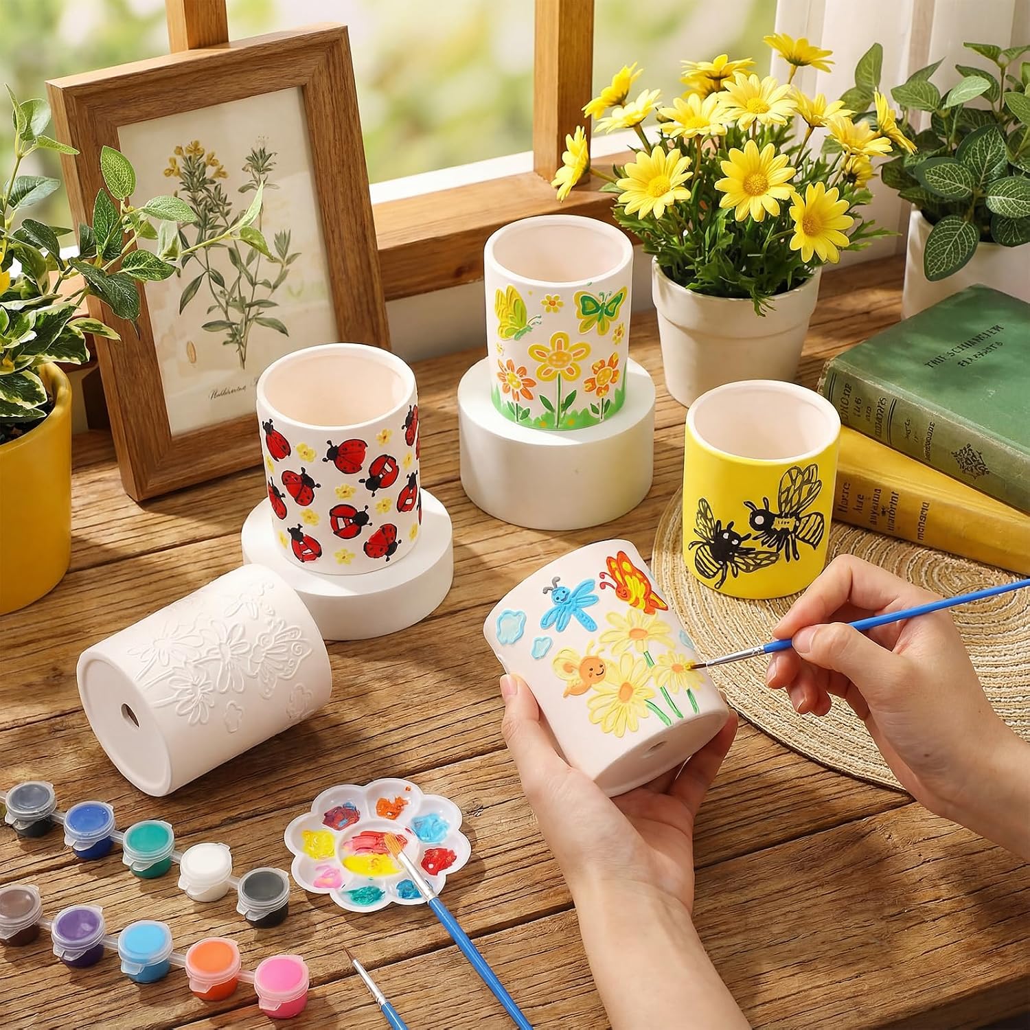 Zubebe 12 Pcs Paint Your Own Ceramic Pots Bulk Unfinished Succulent Pots Craft Kit with Drainage Hole Mini Paintable