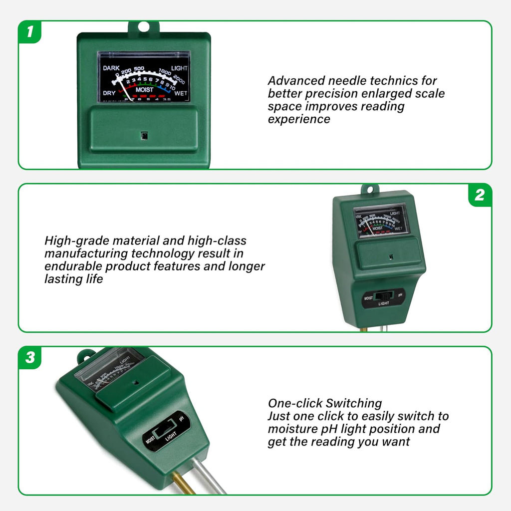 iPower 3-in-1 Plant Moisture/Light/PH Meter, Soil Test Kit for Gardening, Farming, Indoor & Outdoor Use