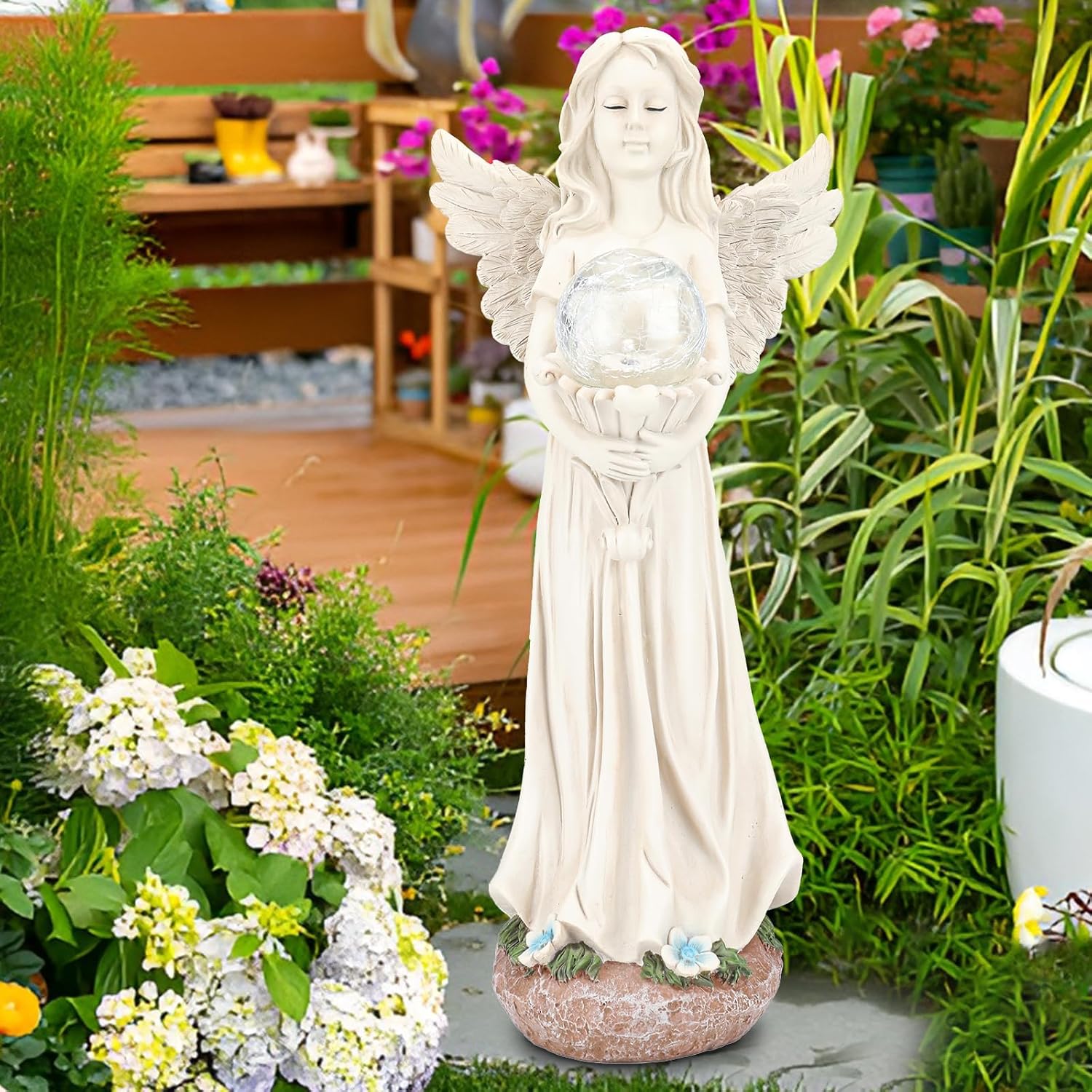 Garden Angels Outdoor Statue, Solar Angel with Crackled Glass Globe | 16.3'' Resin Angel Statue with Warm Led Lights