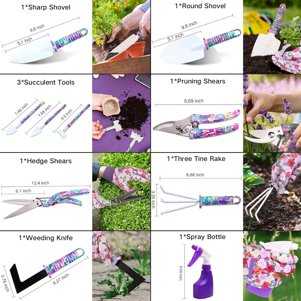 Garden Tools Set, JUMPHIGH 10 Pieces Gardening Tools with Floral Print, Ergonomic Handle Trowel Rake Weeder Pruner