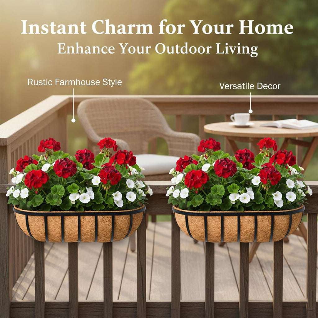 24“ Window Box Railing Planter with Coco Liner Metal Wall-Mounted Coconut Liner Planter Basket English Horse Trough