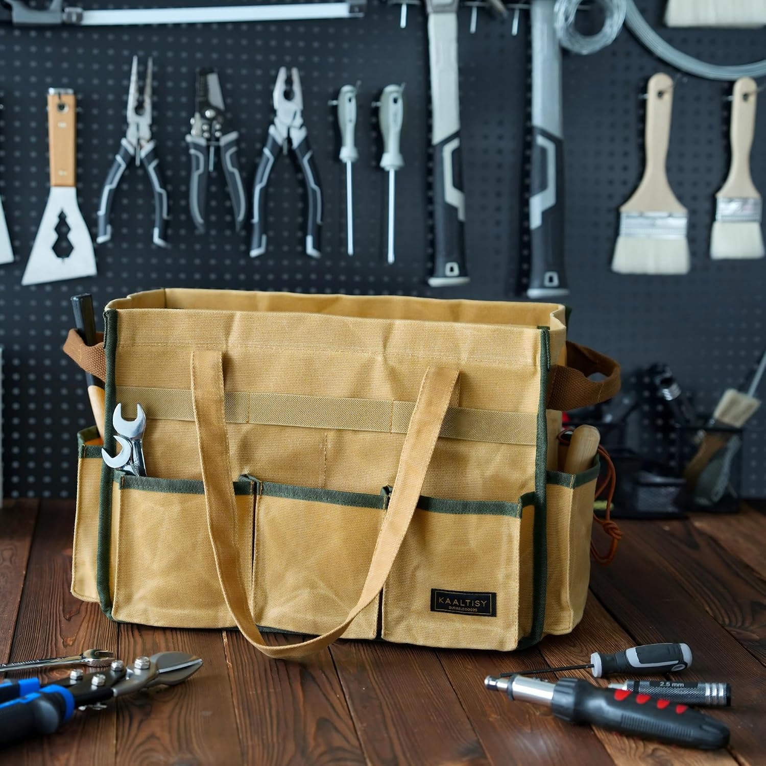 Canvas Tool Bag, 16OZ Waxed Canvas Tool Tote Bag with Metal Zipper & 12-Pocket Design, Multi-Purpose Garden Tool
