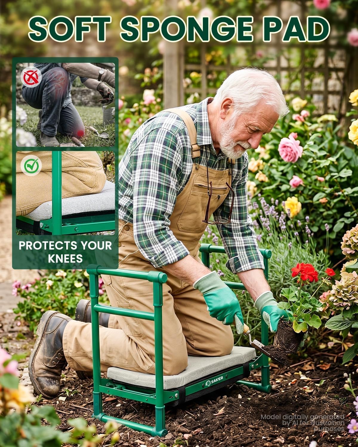 Saker 2026 Upgraded Garden Kneeler and Seat with 500LB Frame & Soft Pad | Foldable Stool, Heavy-Duty Steel, Comfortable