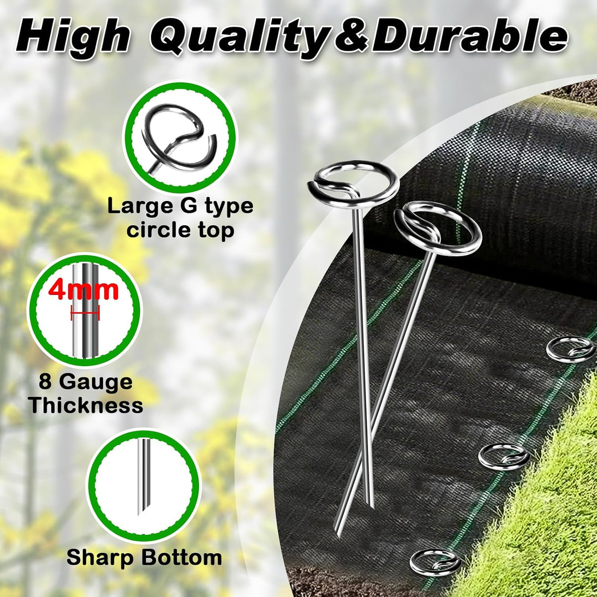 Heavy Duty Landscape Fabric Pins 8 Gauge 120 Pack with Pick Hook, 6 Inch Galvanized Round Head Garden Stakes for Weed