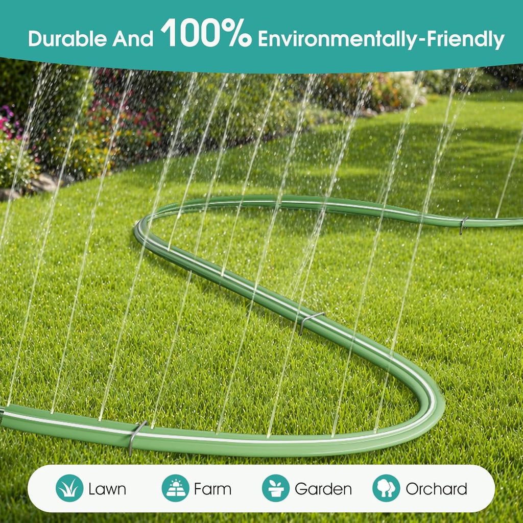50 FT Soaker Hose for Garden Lawn, Water Saving Sprinkler Hose | Flat Irrigation Hose with 10 Stakes, Multi Directional