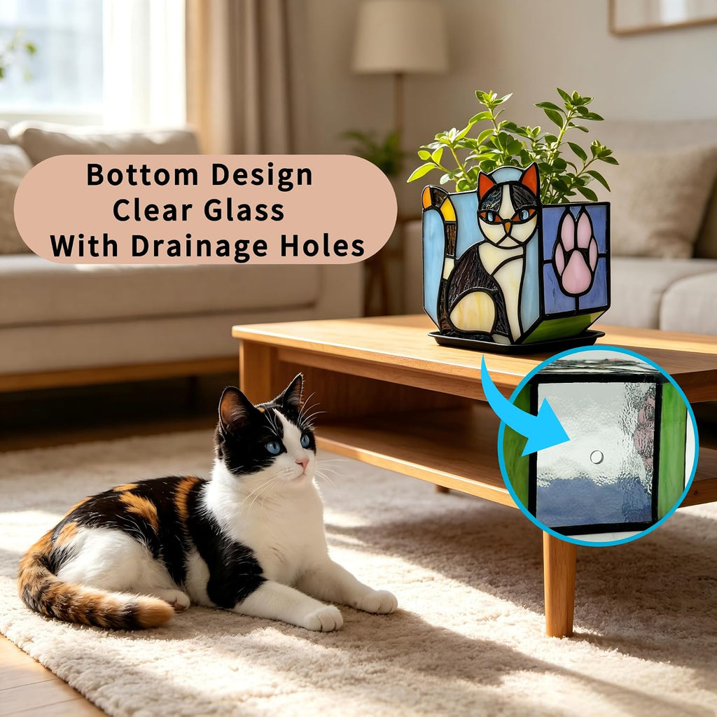 Handmade Stained Glass Indoor Plant Pot,Flower Pots with Drainage Holes,Black Orange Cat Planter Pot, Cute Succulent