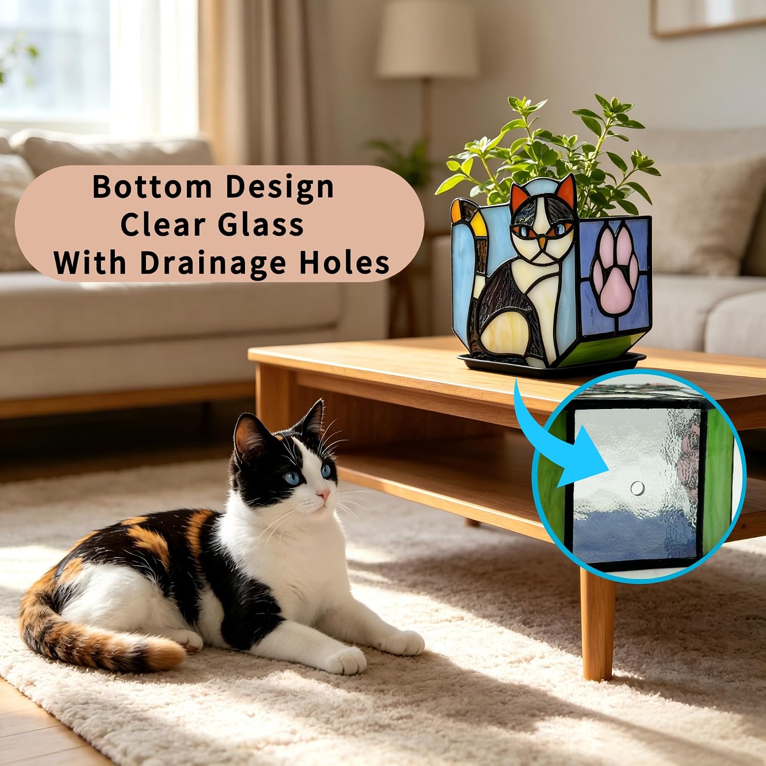 Handmade Stained Glass Indoor Plant Pot,Flower Pots with Drainage Holes,Black Orange Cat Planter Pot, Cute Succulent