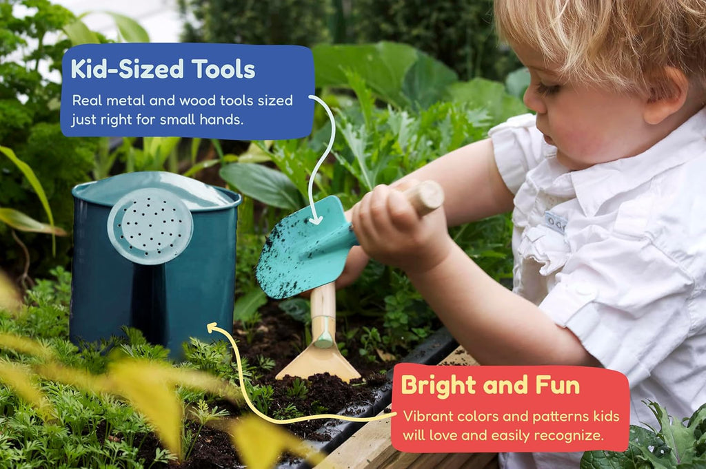 Gardening Set, Tool Kit, for Kids, STEM, Includes Tote Bag, Spade, Watering Can, Rake, Fork, Trowel and Gloves (Ocean