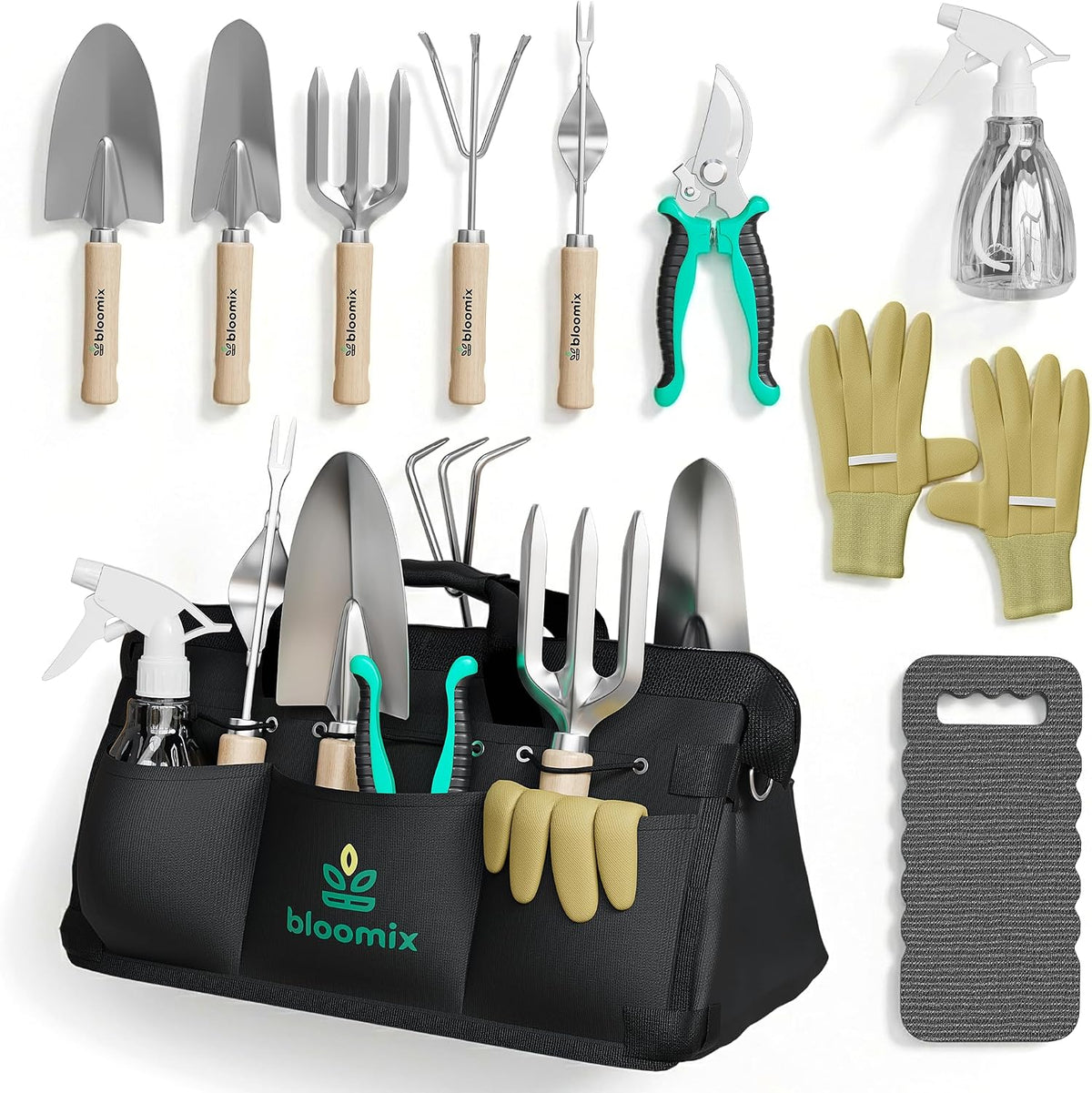 Bloomix 12Pcs Gardening Tools Set - Heavy Duty Garden Tools Set with Tool Bag, Kneeling Pad, Apron & More Garden