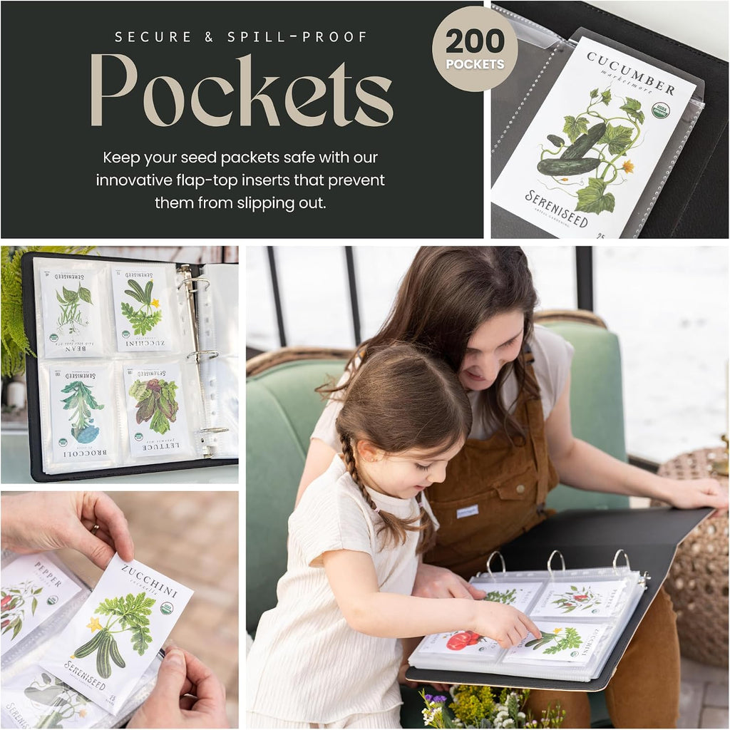 Seed Storage Binder – Garden Seed Organizer with 50 Sheet Protectors, 5 Dividers & Flap-Top Inserts - Stores 200 Seed