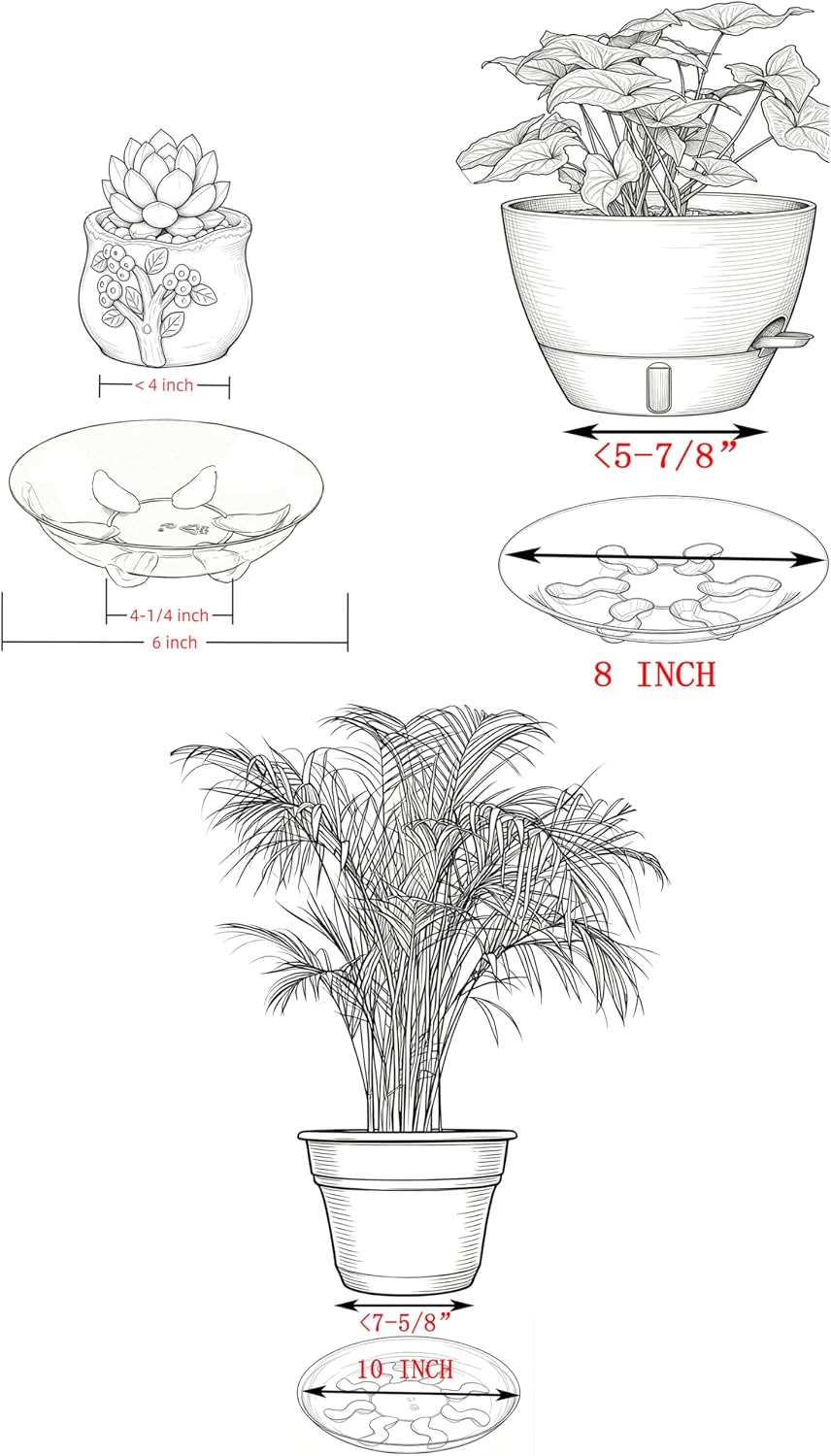 15 Pack Assorted Sizes 6 8 10 Inch Clear Thick Plastic Heavy Duty Sturdy Plant Saucer Drip Trays for pots, 5 Pieces of