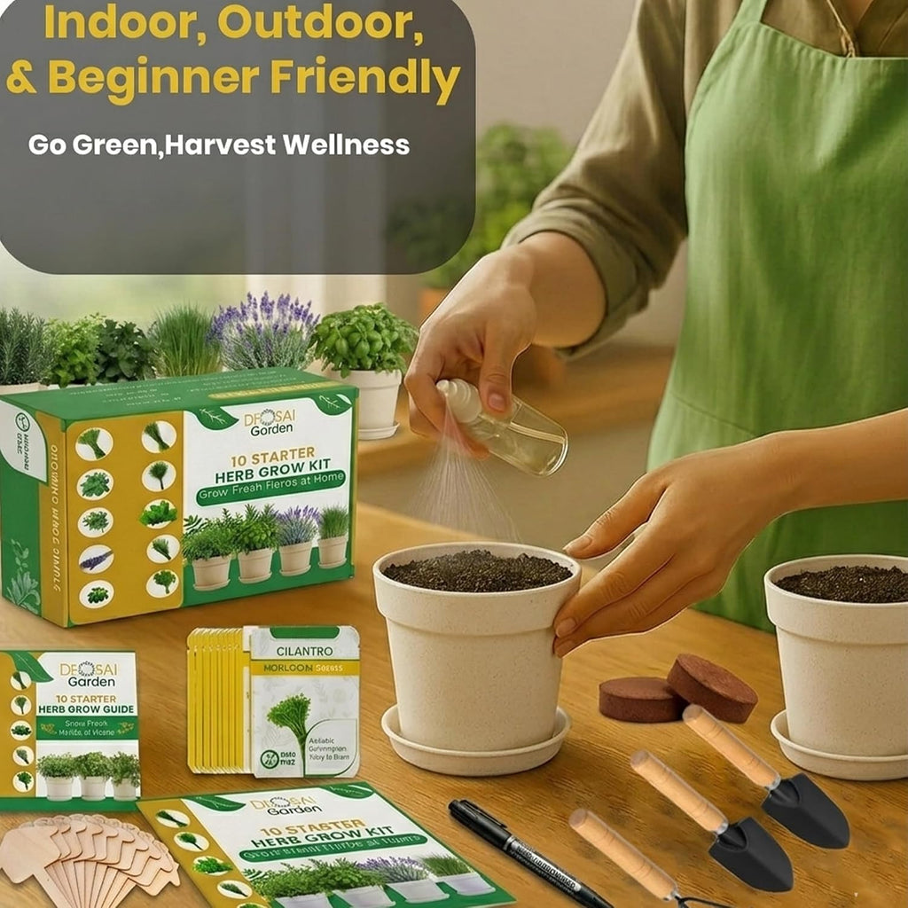 47 PCS Herb Garden Seeds Starter Kit, 10 Non-GMO Culinary Herb Seeds with Beige Pots & Planters for Windowsill, Herb