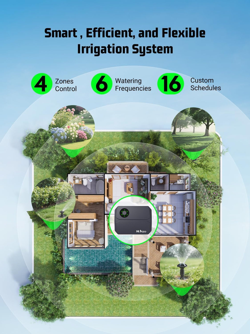 Smart Sprinklers Controller 2.4GHz WiFi, Irrigation Controller Easy Use App Enabled, 4 Zones + 16 Plans, Save Water