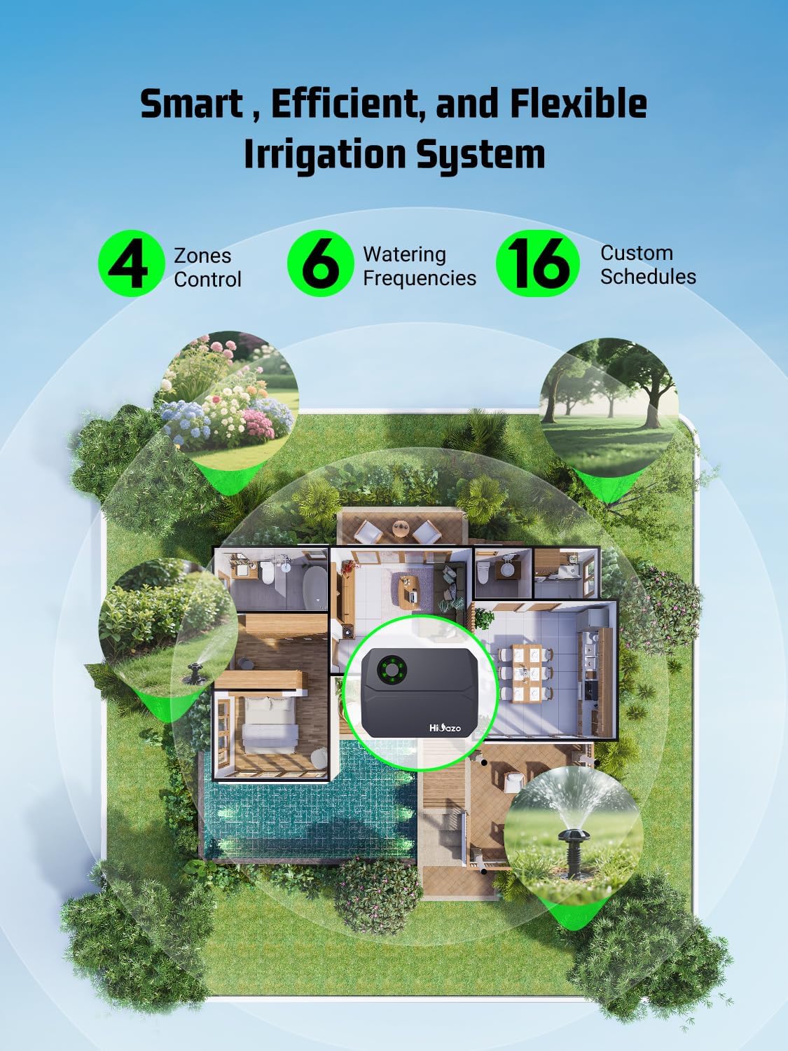 Smart Sprinklers Controller 2.4GHz WiFi, Irrigation Controller Easy Use App Enabled, 4 Zones + 16 Plans, Save Water