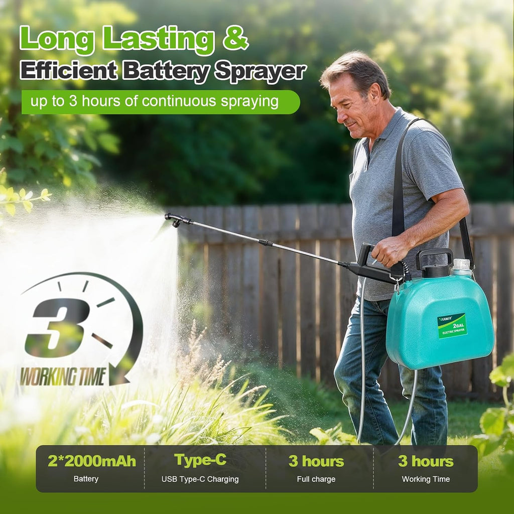 VAXMAY Battery Powered Sprayer 2 Gallon, Upgrade Electric Garden Sprayer with 3 Adjustable Speed, Battery Indicator, 4