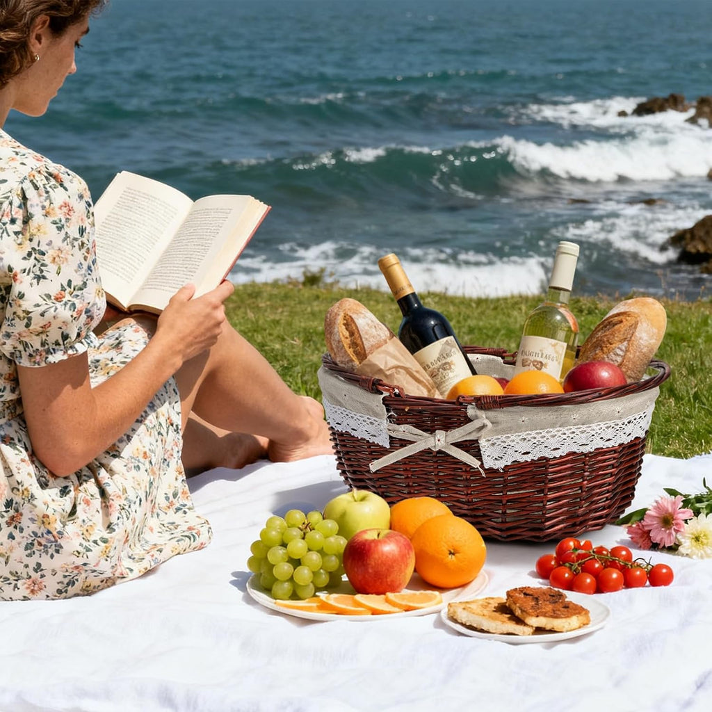 Dicunoy Wicker Picnic Basket with Handle, Large Empty Gift Basket to fill, Open Top Market Harvest Baskets for Garden