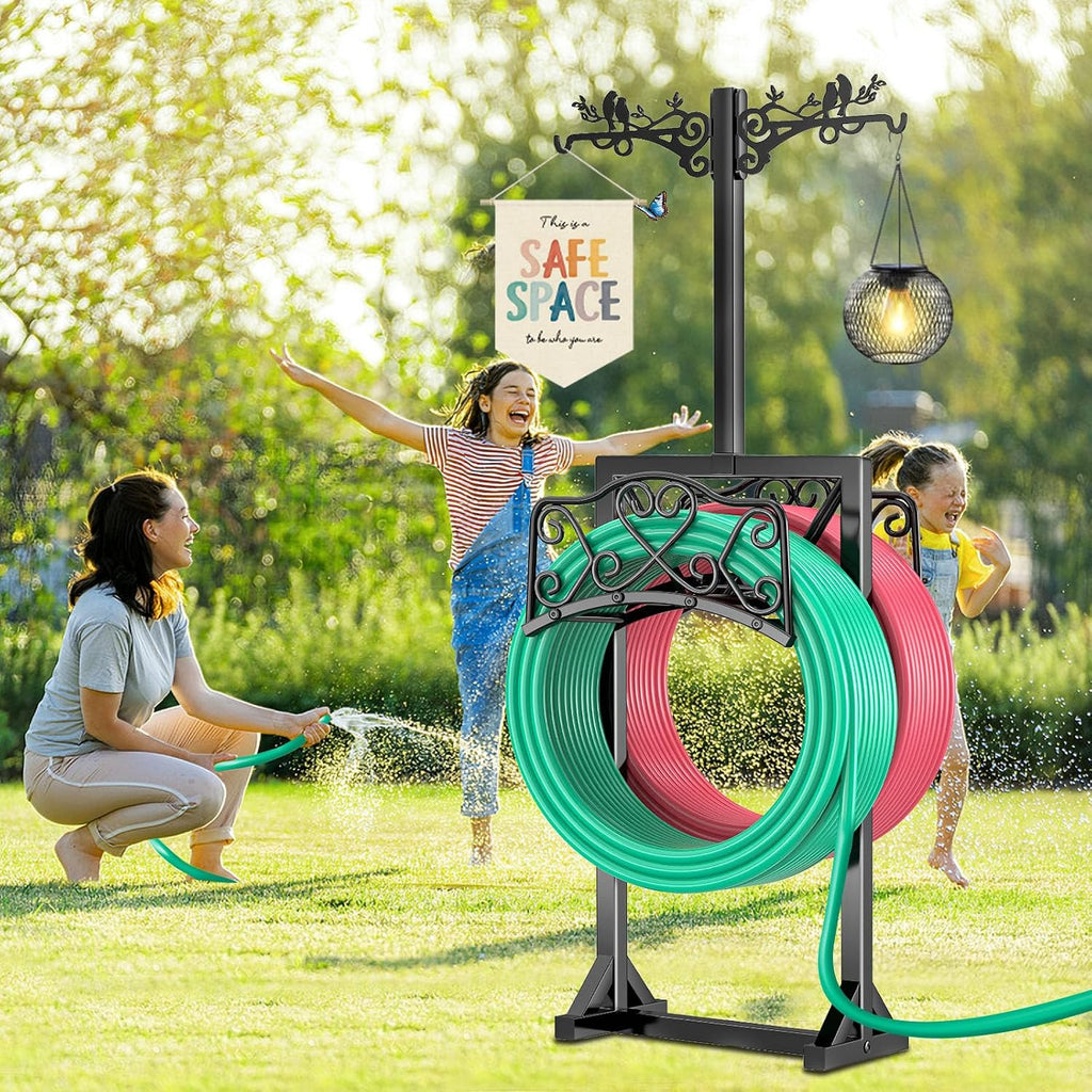 Garden Hose Holder for Outside,Water Hose Holders with 2 Bird Statue Shepherds Hooks & 5 Spikes,Double-Sided