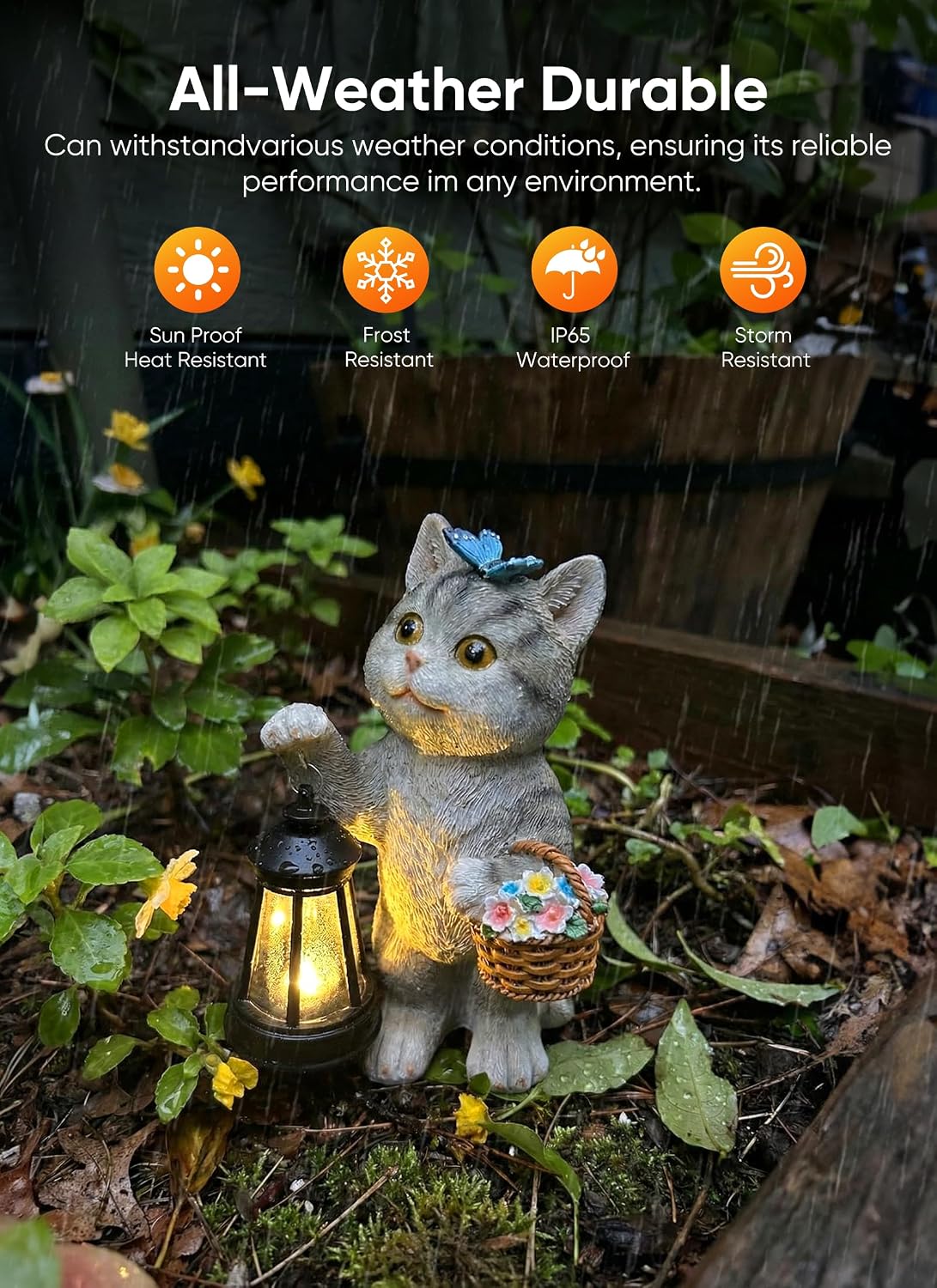 Brightown Solar Cat Garden Decor Statue with Solar Lantern Light, Hand-Painted Resin, IP65 Waterproof Outdoor Decor for