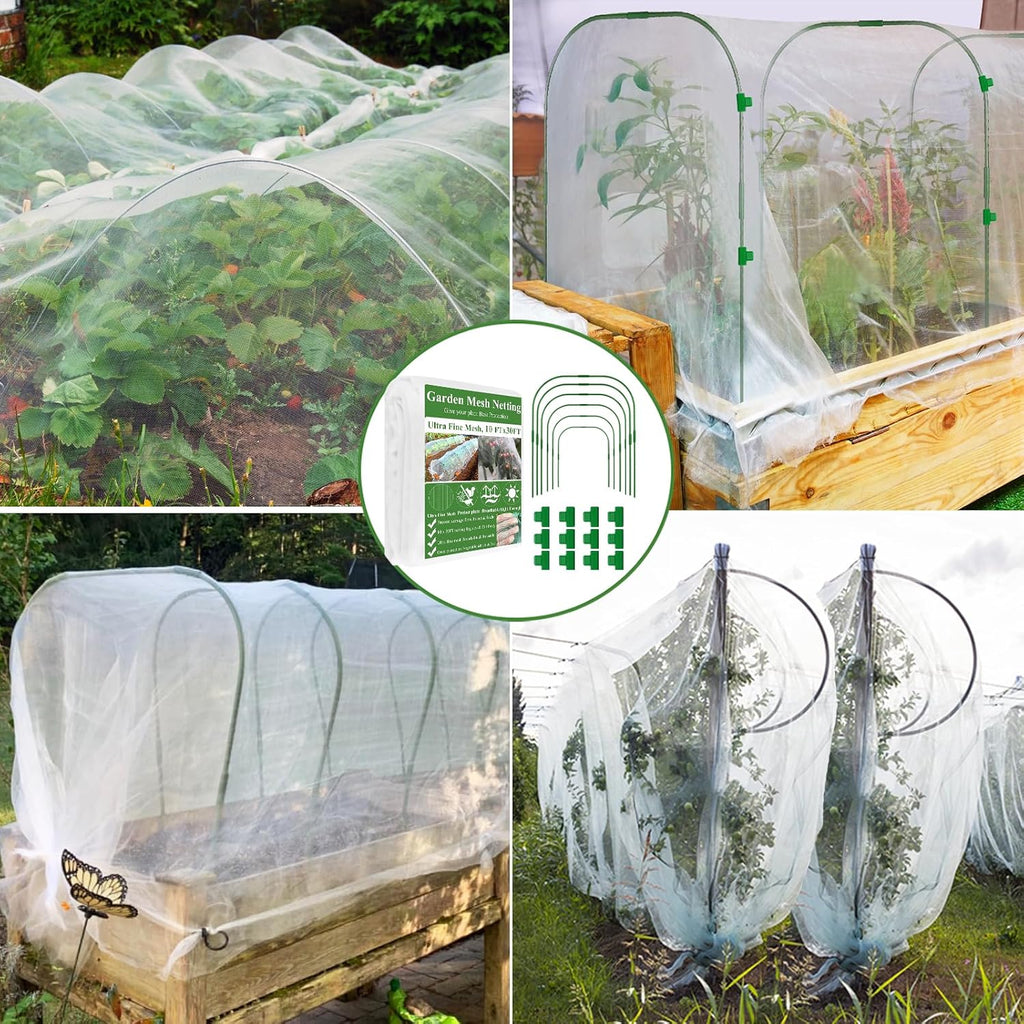 Garden Mesh Netting Kit, Plant Covers 10x30Ft Ultra Fine Mesh Netting & 6Pcs Garden Hoops &18 Clip, Garden Netting Kit