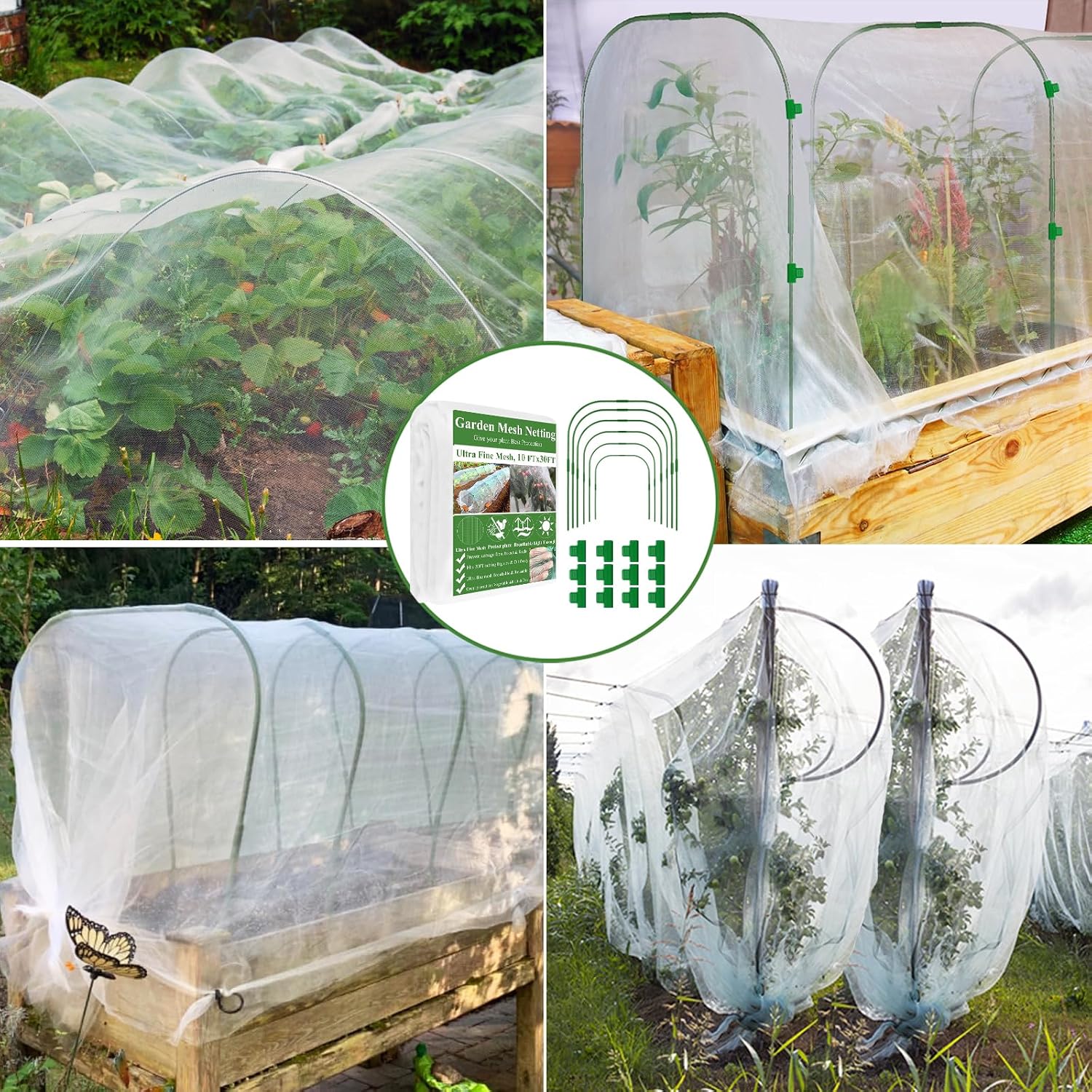 Garden Mesh Netting Kit, Plant Covers 10x30Ft Ultra Fine Mesh Netting & 6Pcs Garden Hoops &18 Clip, Garden Netting Kit