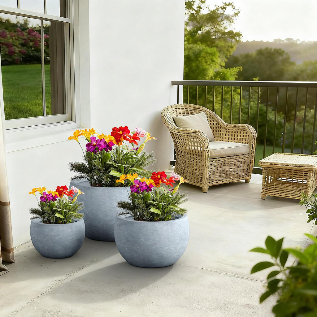 Kante Set of 3 Blue Gray Concrete Bowl Planters 20" 15.7" 11.8" Dia | Drainage for Outdoor, Rubber Plug for Indoor