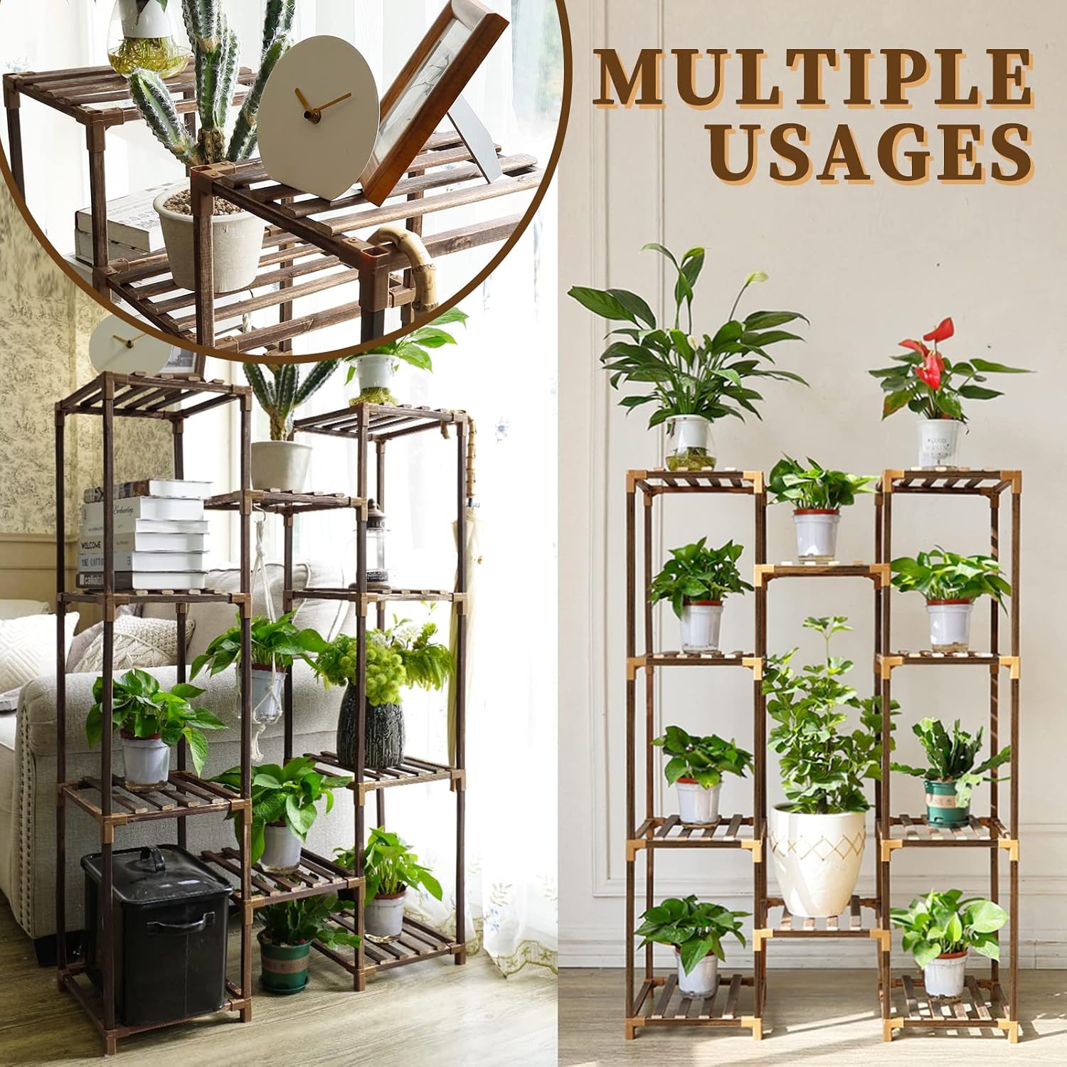 Plant Stand Indoor Outdoor, Tall Plant Shelf for Multiple Plants, 10 tiers 11 Pot Large Plants Holder Rack Wood Plant