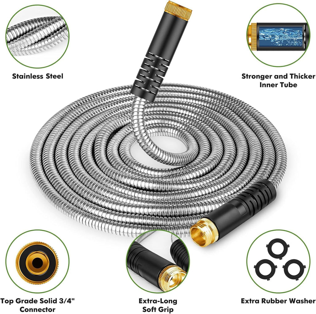 Unywarse Garden Hose 50FT Metal Water Hose with 10 Function Nozzle No-Kink | Flexible, Leak-proof, Heavy Duty