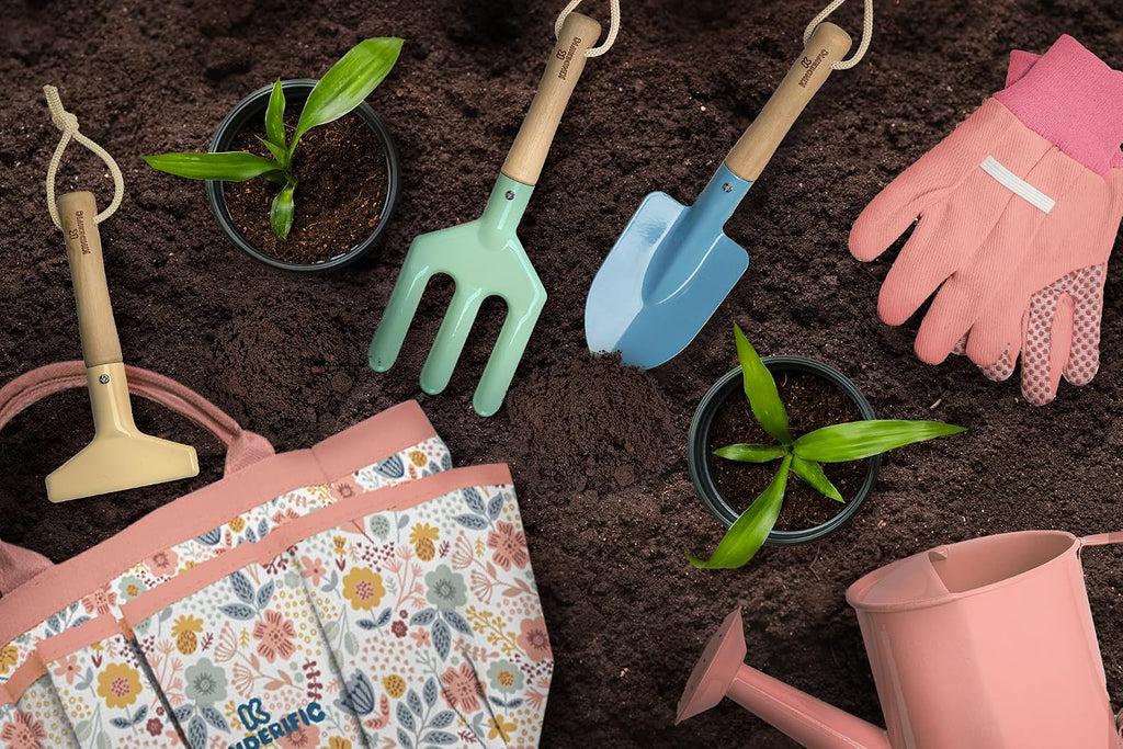 Gardening Set, Tool Kit, for Kids, STEM, Includes Tote Bag, Spade, Watering Can, Rake, Fork, Trowel and Gloves (Petal)