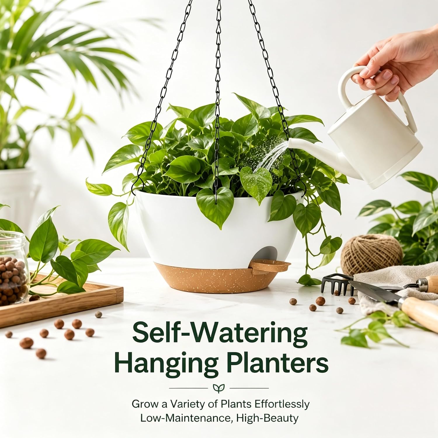 12 Inch Self Watering Hanging Planters 2 Pack, White Brown | Plastic planters with drainage holes and saucers. Suitable