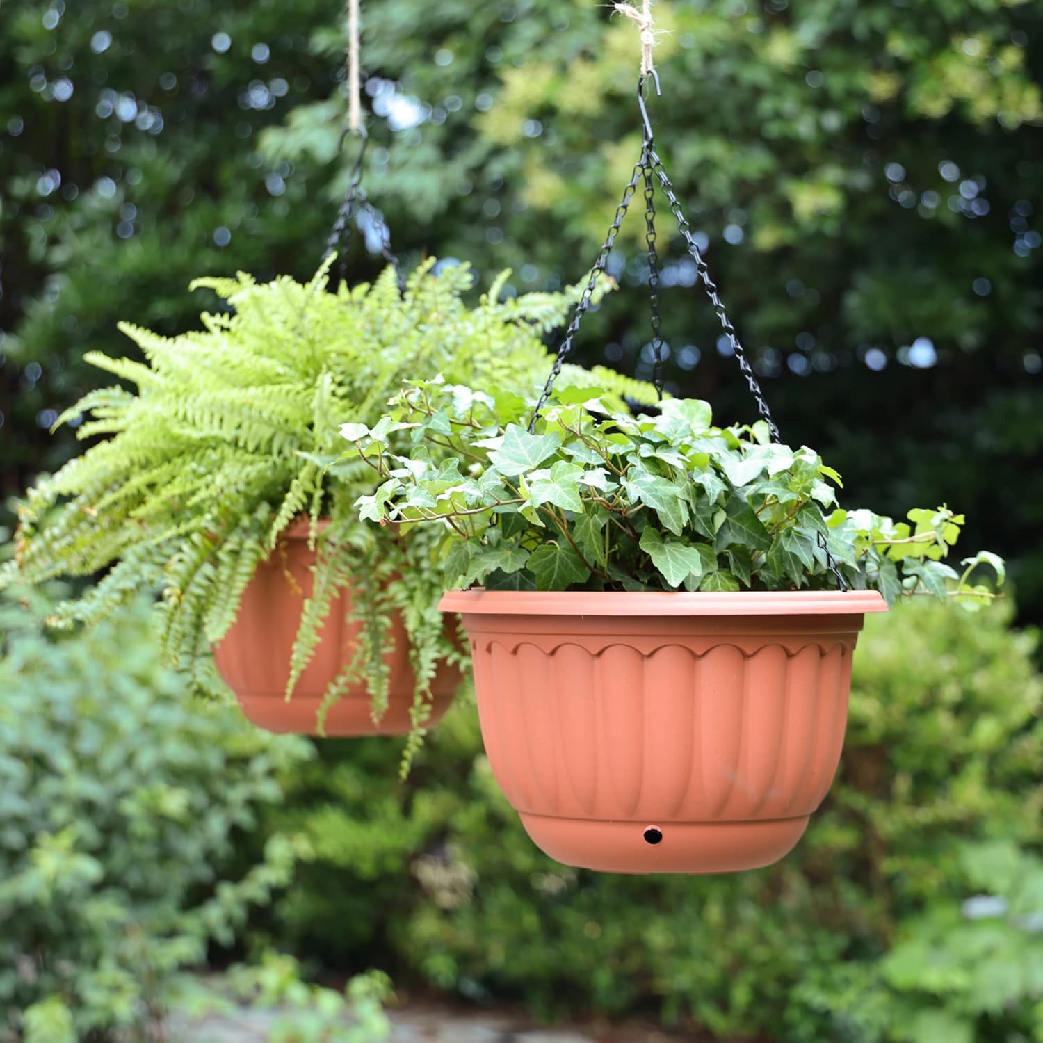 YIKUSH 12 Inch Hanging Planters for Outdoor Plants, 2 Pack Plastic Hanging Flower Pots with Drainage Hole & Tray
