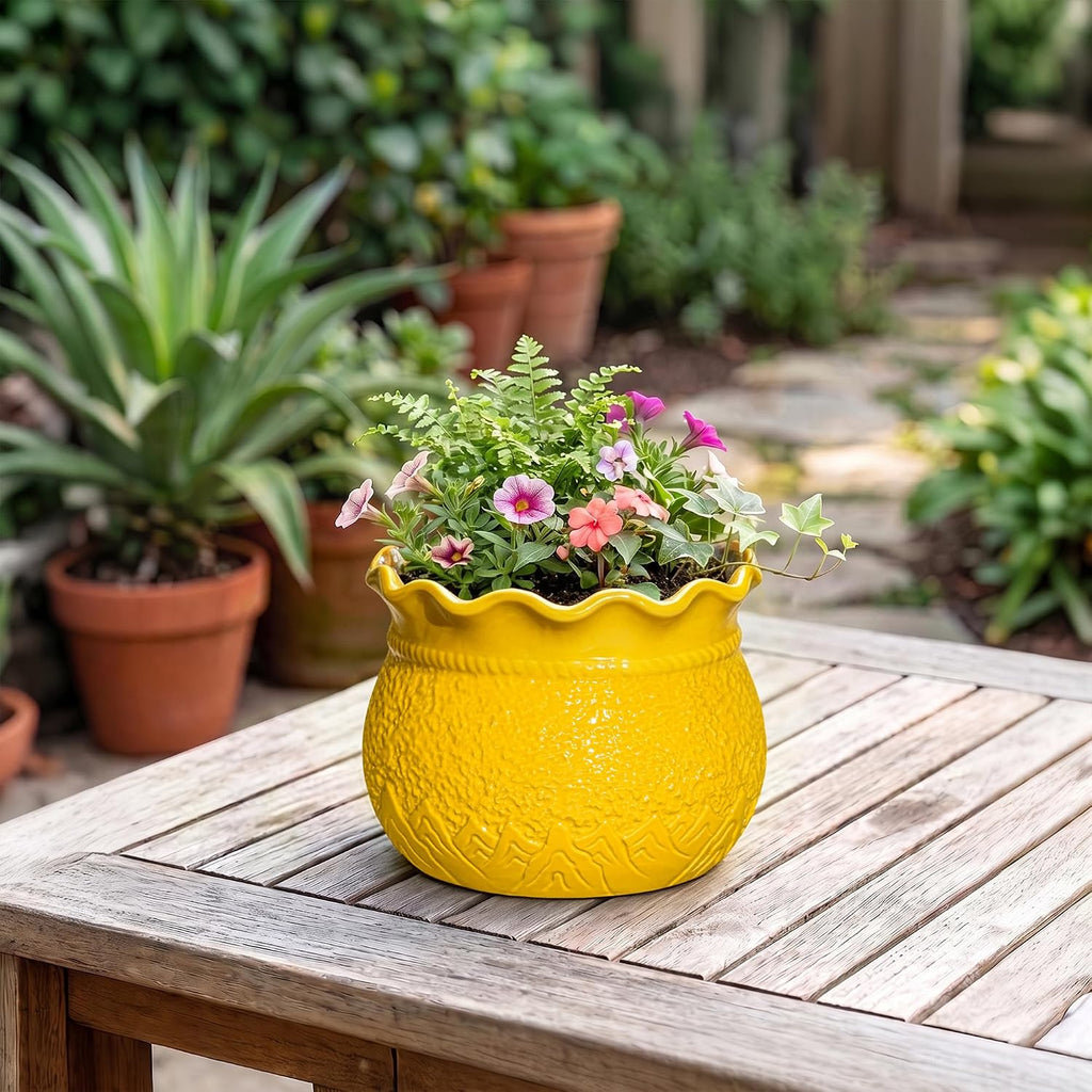 Ceramic Plant Pots, 6 Inch Indoor Planter with Drainage, Yellow | Decorative Flower Pots for Indoor Plants, Unique