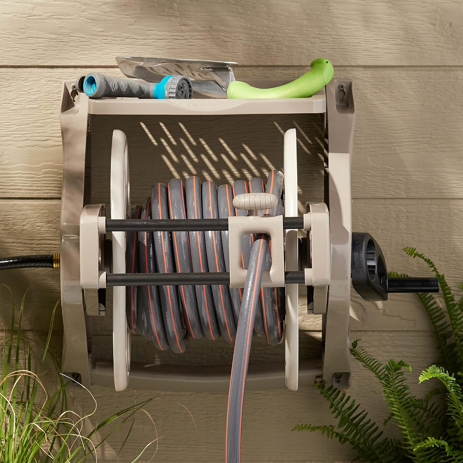Suncast Slide Trak Garden Hose Reel, Wall-Mount Holder with Storage Tray, Dark Taupe - Outdoor Mounted Organizer for