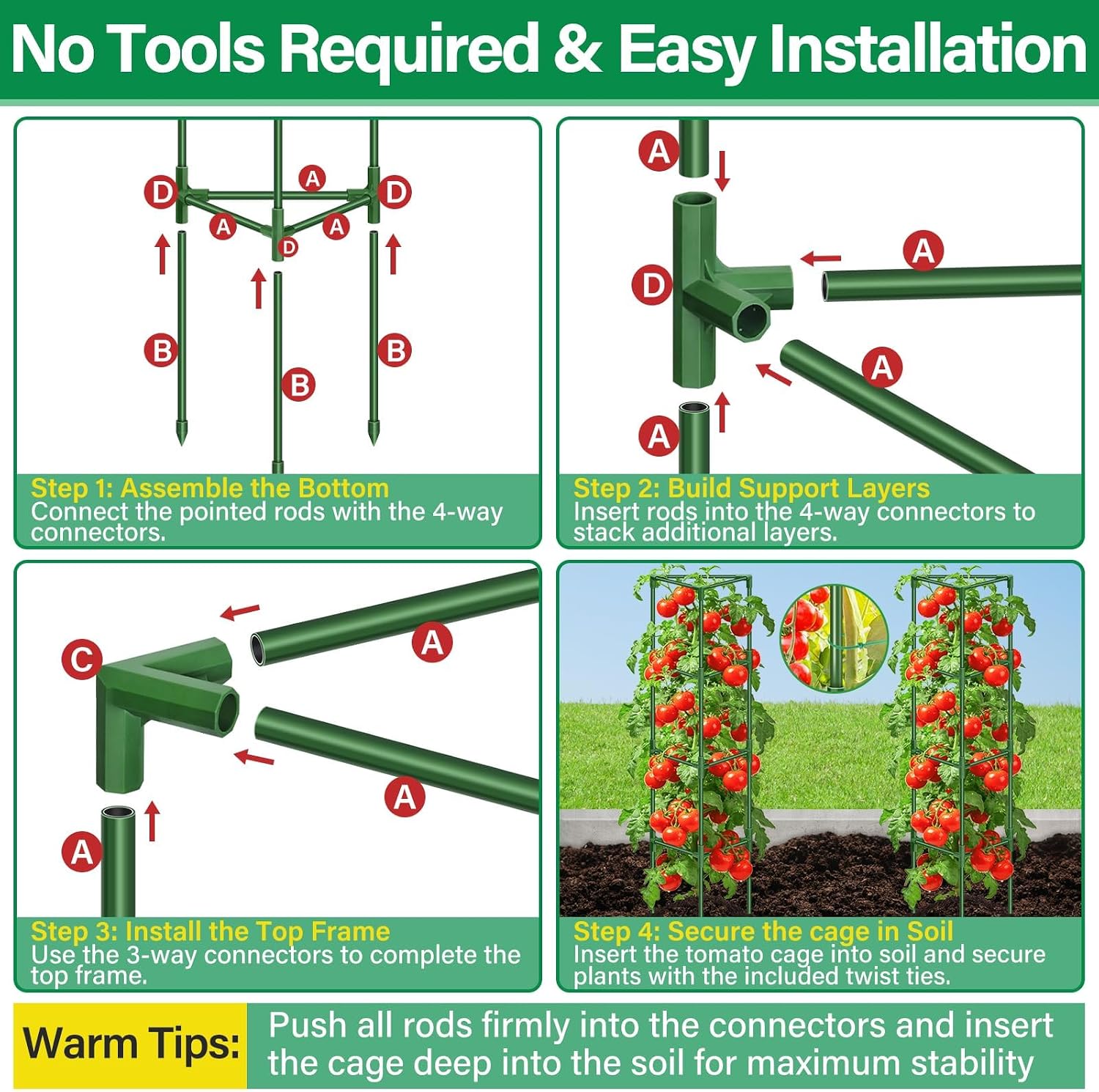 2 Pack 65 Inch Tomato Cage for Garden, Heavy-Duty Tomato Trellis Plant Support Stakes, Adjustable Garden Trellis Plant