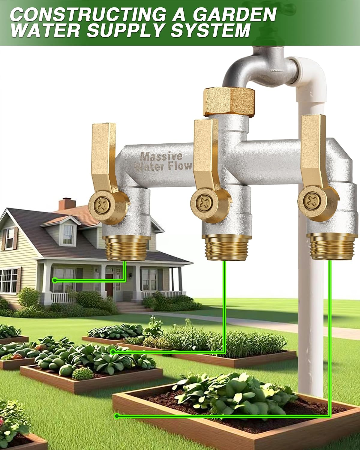 Garden Hose Splitter, 3 Way Hose Splitter Heavy Duty Full Flow Solid Brass Nickel Plated Spigot Splitter Valve with